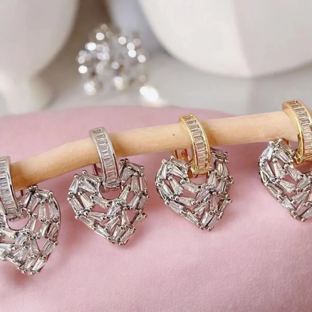 Love Heart Silver Hoop Drop Earrings for Women with Baguette Cubic Zirconia Diamond - Earrings - Cadeau Craft