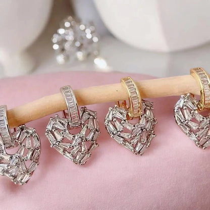 Love Heart Silver Hoop Drop Earrings for Women with Baguette Cubic Zirconia Diamond - Earrings - Cadeau Craft