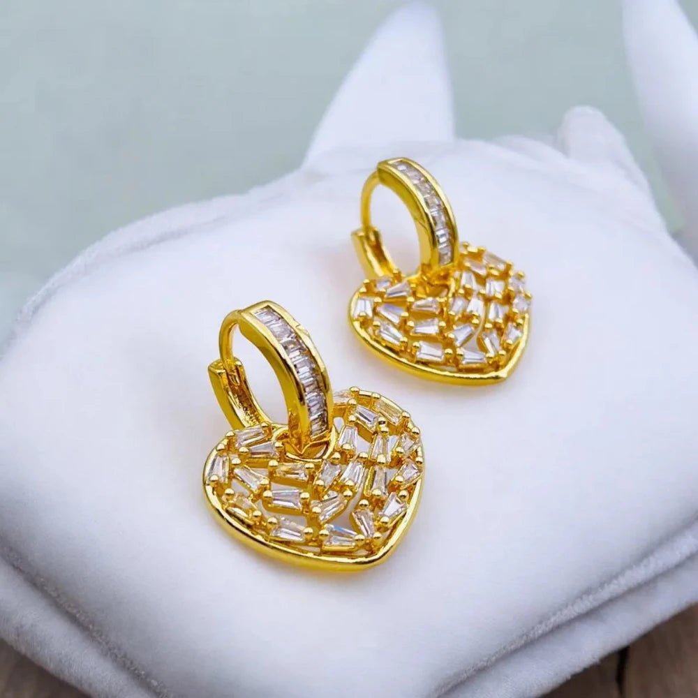 Love Heart Silver Hoop Drop Earrings for Women with Baguette Cubic Zirconia Diamond - Earrings - Cadeau Craft