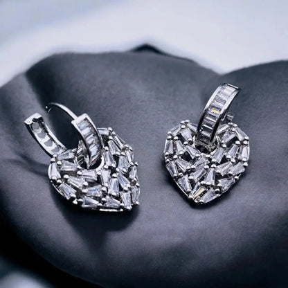 Love Heart Silver Hoop Drop Earrings for Women with Baguette Cubic Zirconia Diamond - Earrings - Cadeau Craft