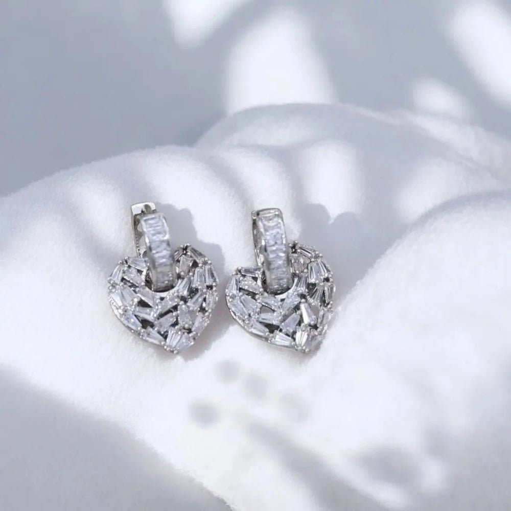 Love Heart Silver Hoop Drop Earrings for Women with Baguette Cubic Zirconia Diamond - Earrings - Cadeau Craft