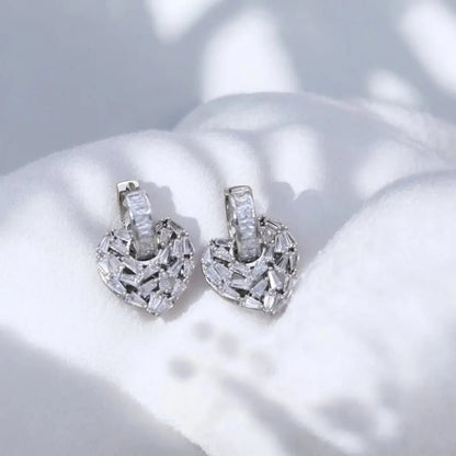 Love Heart Silver Hoop Drop Earrings for Women with Baguette Cubic Zirconia Diamond - Earrings - Cadeau Craft