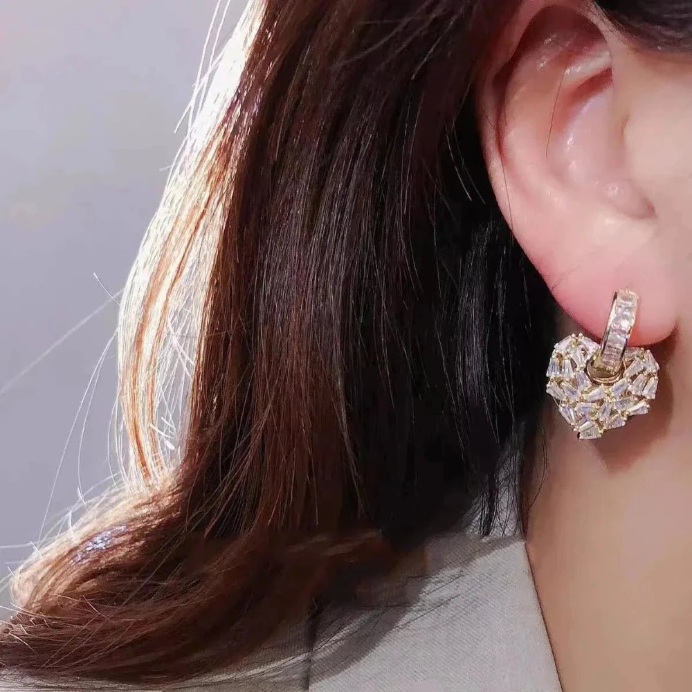 Love Heart Silver Hoop Drop Earrings for Women with Baguette Cubic Zirconia Diamond - Earrings - Cadeau Craft