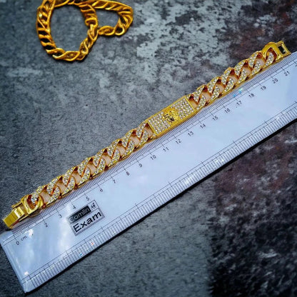 Men's Hip Hop Iced Out Gold Cuban Link Bracelet with Rhinestone - Studded Chunky ID Plate - Bracelets - Cadeau Craft