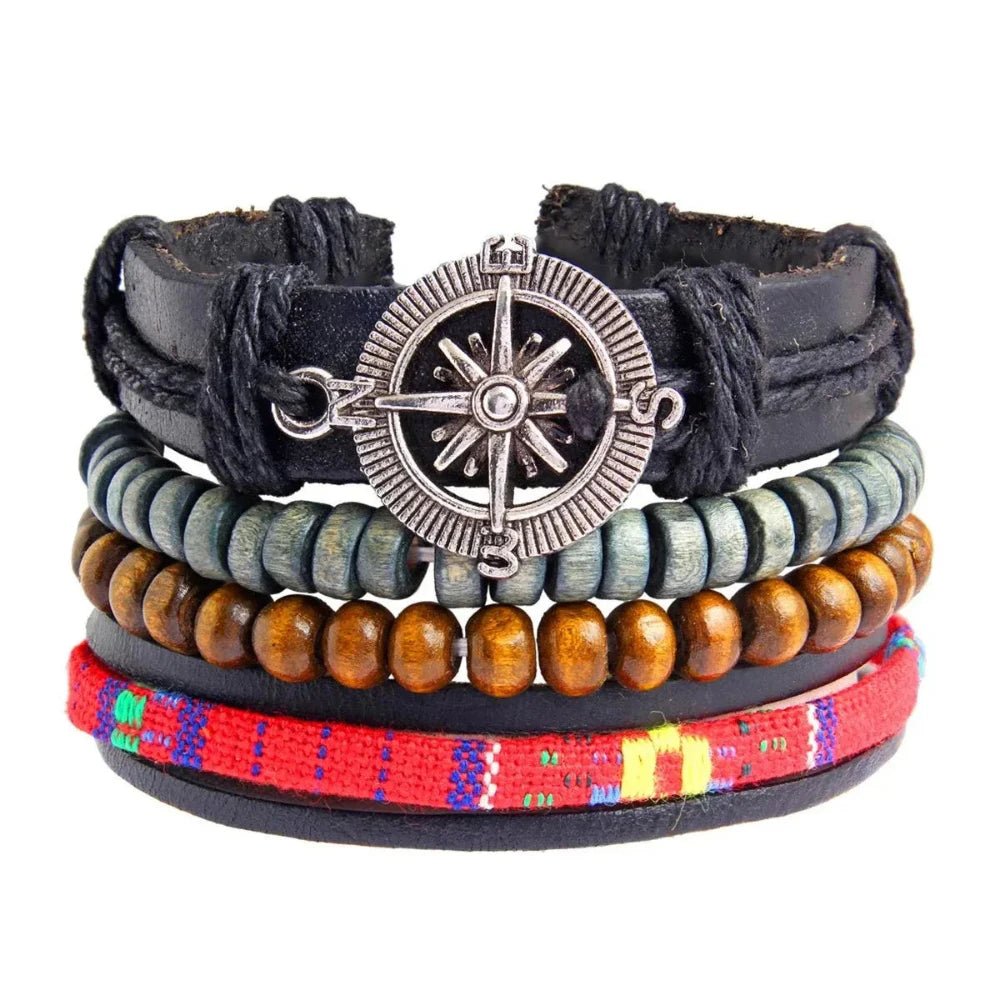 Men’s Premium Multi - Strand Bracelet: Black Leather with Wood Beads - Bracelets - Cadeau Craft