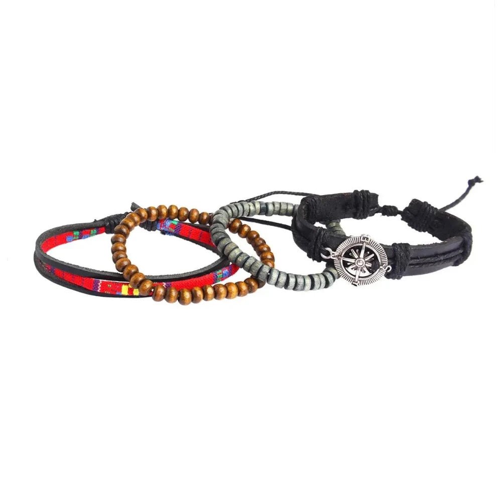 Men’s Premium Multi - Strand Bracelet: Black Leather with Wood Beads - Bracelets - Cadeau Craft