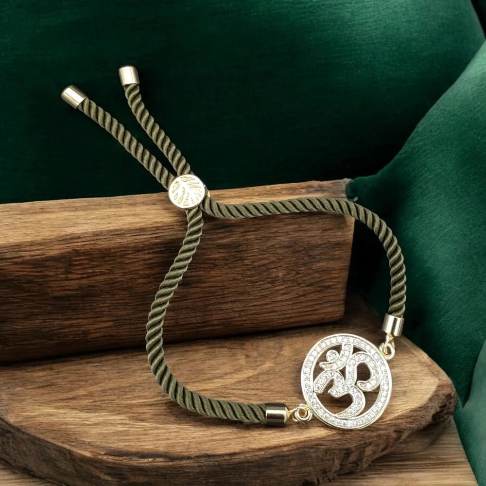 Om Copper American Diamond Bracelet for Women - Green & Blue Thread, Adjustable Fit - Bracelets - Cadeau Craft