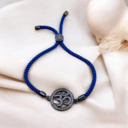 Om Copper American Diamond Bracelet for Women - Green & Blue Thread, Adjustable Fit - Bracelets - Cadeau Craft