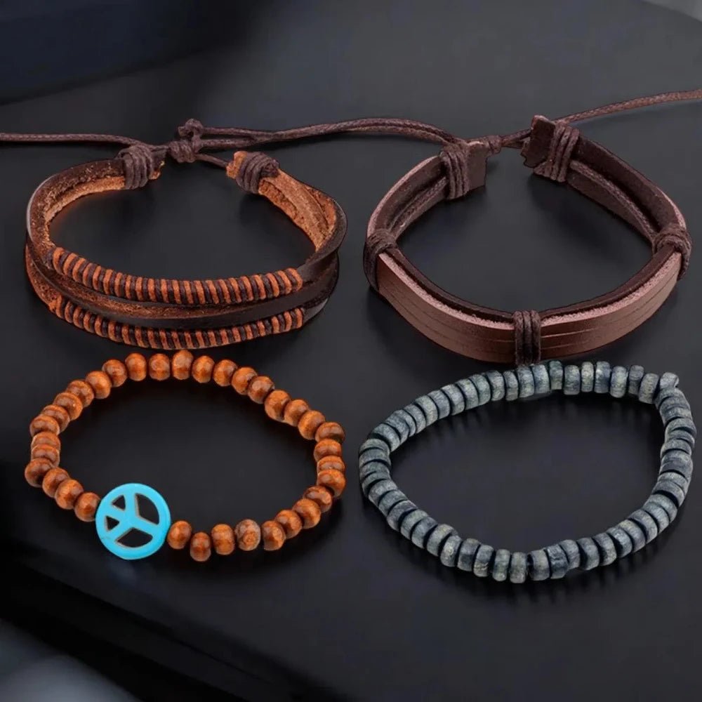 Peace Brown Leather Multi - Strand Wristband Bracelet for Men – Handcrafted Design - Bracelets - Cadeau Craft