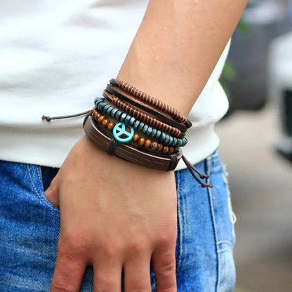 Peace Brown Leather Multi - Strand Wristband Bracelet for Men – Handcrafted Design - Bracelets - Cadeau Craft