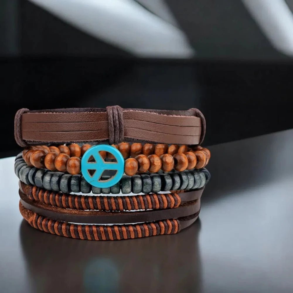 Peace Brown Leather Multi - Strand Wristband Bracelet for Men – Handcrafted Design - Bracelets - Cadeau Craft