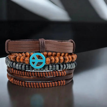Peace Brown Leather Multi - Strand Wristband Bracelet for Men – Handcrafted Design - Bracelets - Cadeau Craft