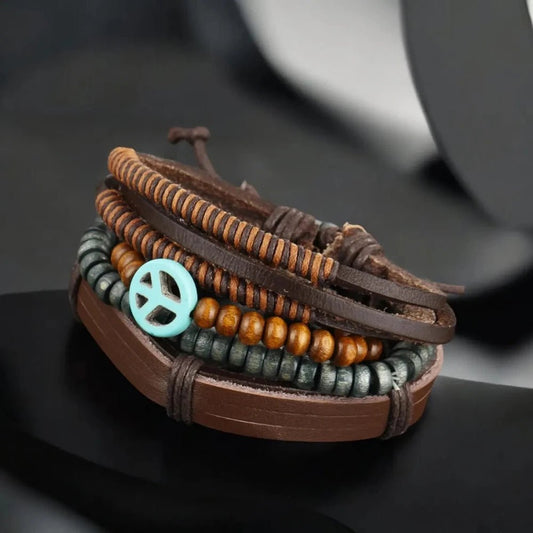 Peace Brown Leather Multi - Strand Wristband Bracelet for Men – Handcrafted Design - Bracelets - Cadeau Craft