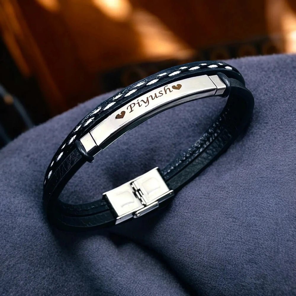 Personalized Men's ID Bracelet – Stainless Steel, Leather Wristband with Custom Laser Engraving - Bracelets - Cadeau Craft
