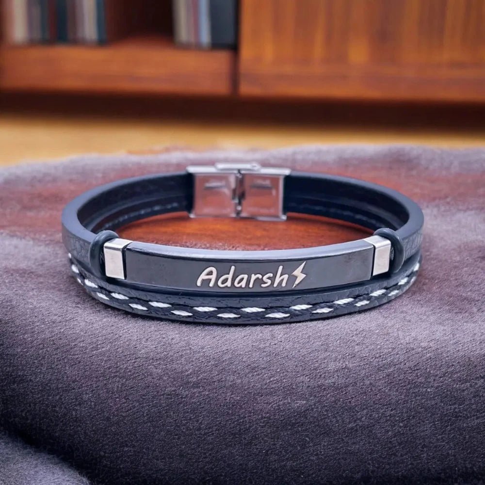 Personalized Men's ID Bracelet – Stainless Steel, Leather Wristband with Custom Laser Engraving - Bracelets - Cadeau Craft