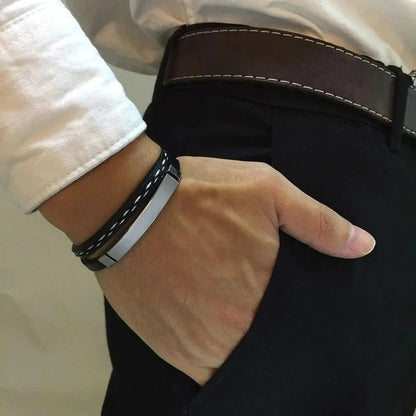 Personalized Men's ID Bracelet – Stainless Steel, Leather Wristband with Custom Laser Engraving - Bracelets - Cadeau Craft